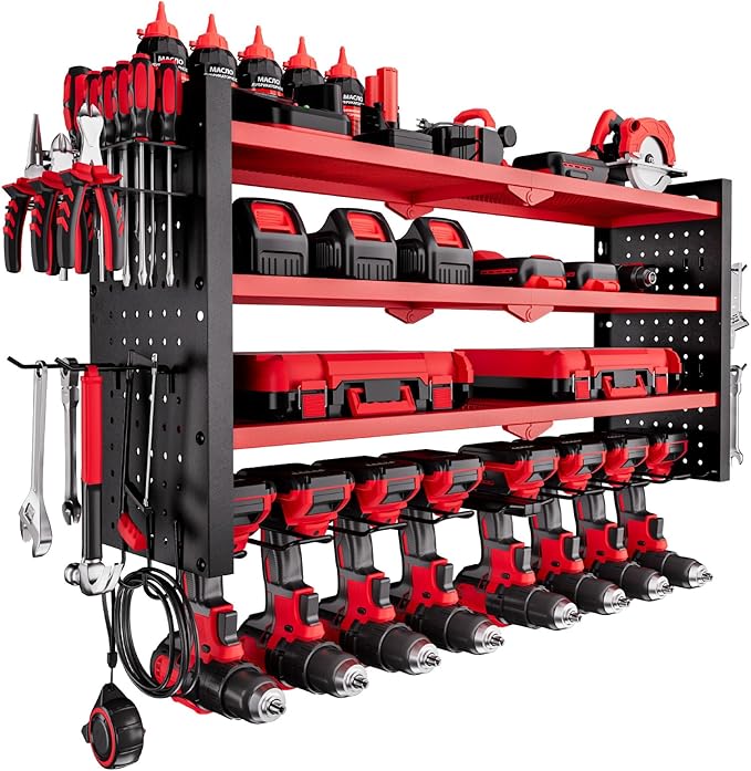 VEVOR Power Tool Organizer Wall Mount, 4-Layer Storage Rack with 8 Drill Holders, Tools Holder and Storage Rack with Side Peg