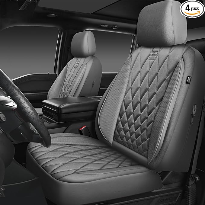 CAR PASS Piping Luxury PU Leather Two Front Car Seat Covers, Waterproof Anti Slip Seat Covers Compatible with Front Seat Armr
