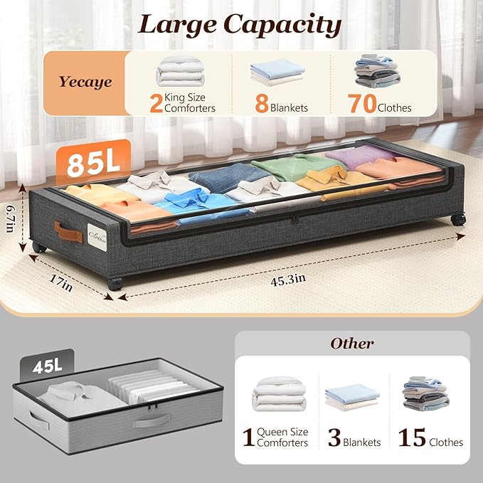 Yecaye Under Bed Storage with Wheels 2 Pack, 85L Extra Large Under Bed Storage Containers with Metal Frame & Clear Lid, Rolli