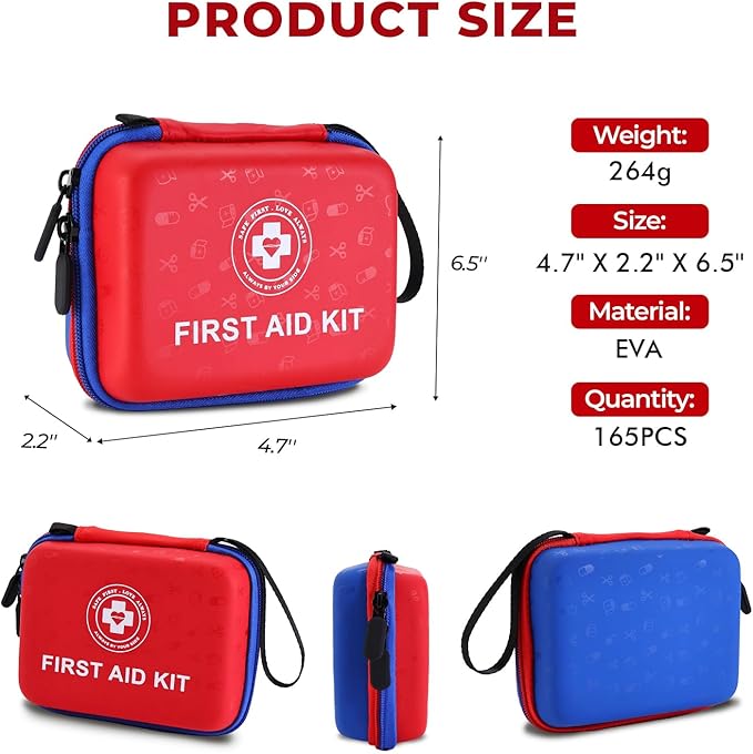 Small First Aid Kit - 165 Piece Dual-Color Emergency Medical Kit with Hard Shell & Fluorescent Exterior Coating, Emergency Fi