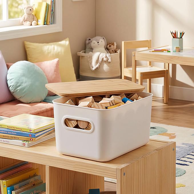 Citylife Storage Bins with Bamboo Lids 7QT Plastic Storage Containers Stackable Organizer Boxes with Handle for Desk Snacks, 