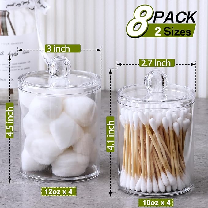 AOZITA 8 Pack Acrylic Qtip Holder Dispenser with Lids & Labels, Cotton Swab, Ball, Round Pads, Floss Picks Storage Canister -