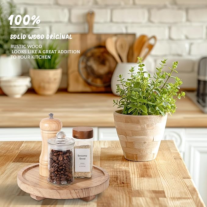 Round Decorative Tray Wood Bathroom Counter Organizer Farmhouse Kitchen Decor Wooden Riser for Soap Dish, Perfume, Candle, Sp