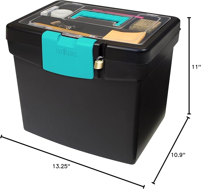Storex Portable File Box, with Lockable XL Supply Storage Lid and Carry Handle, Black/Teal, 10.9 x 11 x 13.25 Inches, 2-Pack 
