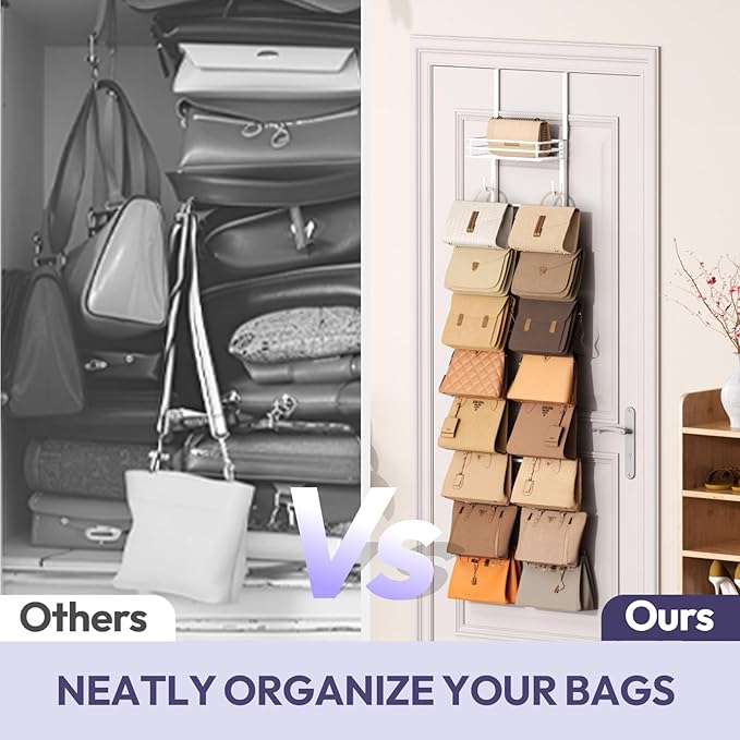 SWTYMIKI Over the Door Purse Organizer - Wall Mounted Handbag Organizer with 16 Hooks and Metal Basket, Hanging Purse Storage