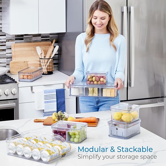 iDesign Crisp 7-Piece Recycled Plastic Refrigerator Organizer Bin Set with Lids, Clear/Gray