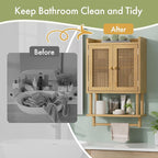 AmazerBath Bathroom Wall Cabinets, Bamboo Medicine Cabinet with Rattan Door, Over The Toilet Storage Cabinet with Towel Bar, 