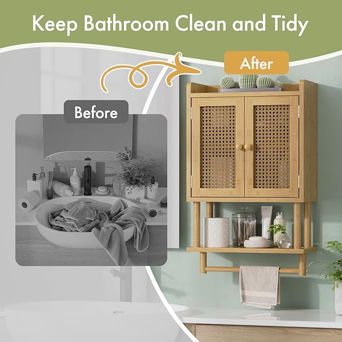 AmazerBath Bathroom Wall Cabinets, Bamboo Medicine Cabinet with Rattan Door, Over The Toilet Storage Cabinet with Towel Bar, 