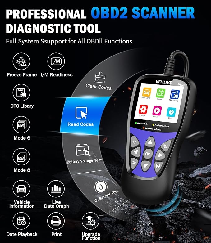 OBD2 Scanner Diagnostic Tool, VEHLIVE V850 Car Code Reader for Check Engine Light with Reset, I/M Readiness, Battery Tester,