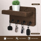 Nekon Key Holder Wall Mount, 8.5 Inch Small Home Decor Wooden Wall Organizer with 4 Hooks and Shelf, Key and Mail Holder for 