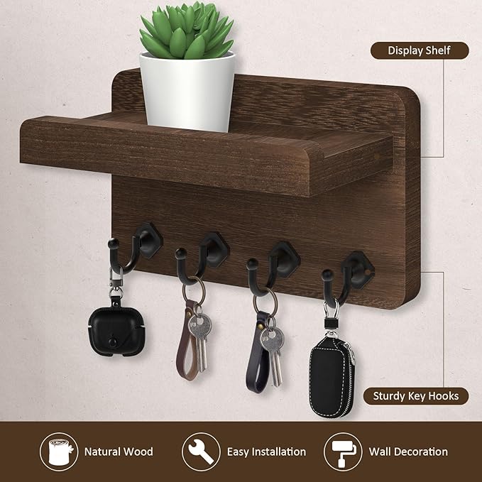 Nekon Key Holder Wall Mount, 8.5 Inch Small Home Decor Wooden Wall Organizer with 4 Hooks and Shelf, Key and Mail Holder for 