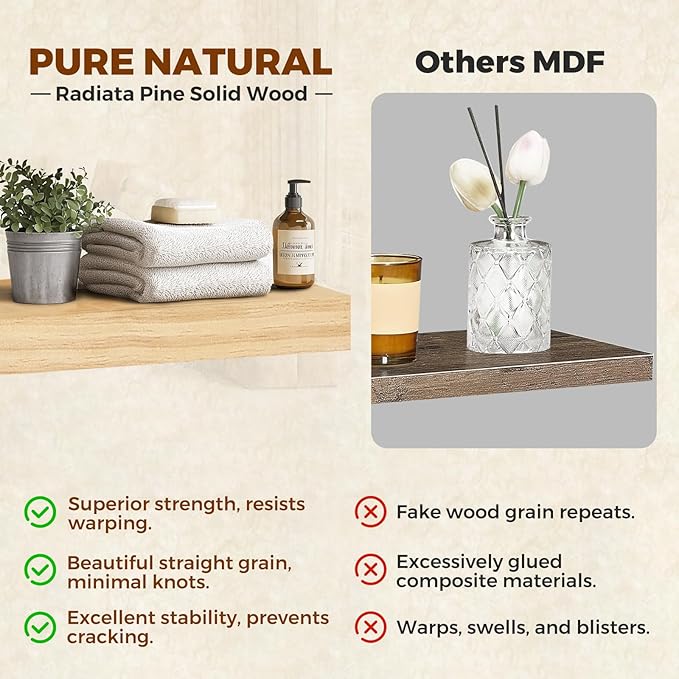 Floating Wall Shelves 30x6.8x1.7 Inch – Solid Wood Rustic Shelves in Natural Wood Finish – Wall Mounted Heavy Duty Display Sh