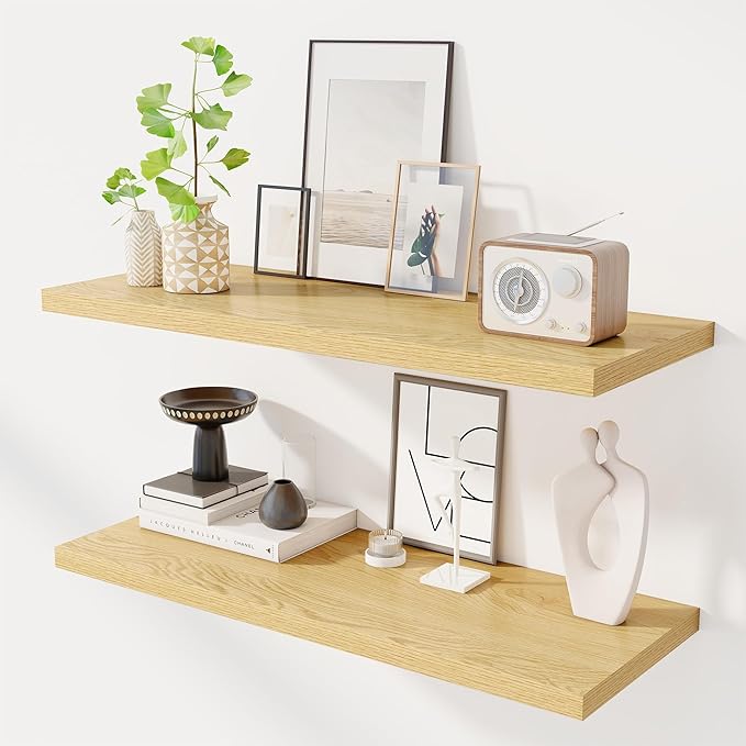 Dreamland 36" Floating Shelves for Wall, 12" Deep Slim Oak Floating Shelves, Wall-Mounted Shelves for Bedroom, Living Room, K