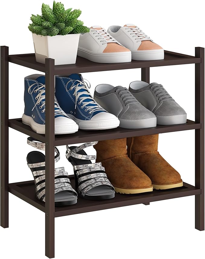 BMOSU 3-Tier Bamboo Small Shoe Rack Premium Stackable Shoe Shelf Storage Organizer for Hallway Closet Living Room Entryway Or