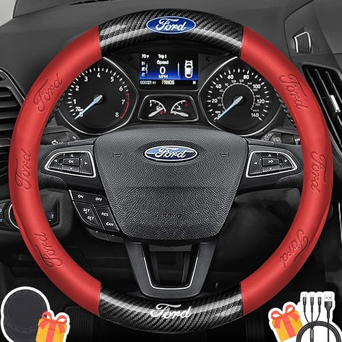 Customized Steering Wheel Cover Compatible with Ford, Premium Nappa Leather&Bright Carbon Fiber Texture Steering Wheel Cover, with Coasters and 3-in-1 USB Fast Charging Cable (Red)