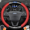 Customized Steering Wheel Cover Compatible with Ford, Premium Nappa Leather&Bright Carbon Fiber Texture Steering Wheel Cover, with Coasters and 3-in-1 USB Fast Charging Cable (Red)