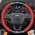 Customized Steering Wheel Cover Compatible with Ford, Premium Nappa Leather&Bright Carbon Fiber Texture Steering Wheel Cover, with Coasters and 3-in-1 USB Fast Charging Cable (Red)