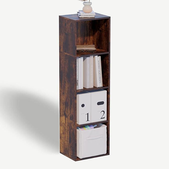 Book Shelf, 4 Cube Storage Organizer, Open Shelves Bookcase 9.3" x 11.8" x 41.7", Bookshelf for Living Room, Bedroom, Home Of