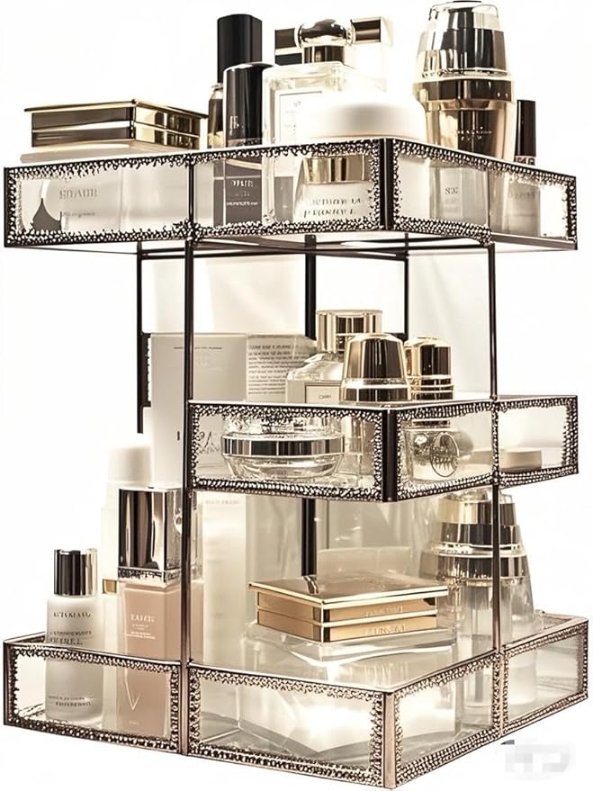 Hersoo 360 Rotating Glass Makeup Organizer, Spinning Vanity Cosmetic Storage with Multi-Layer Compartments, Luxury Countertop