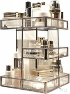 Hersoo 360 Rotating Glass Makeup Organizer, Spinning Vanity Cosmetic Storage with Multi-Layer Compartments, Luxury Countertop