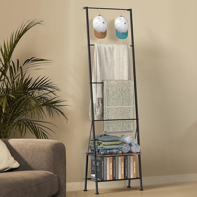 Blanket Ladder Towel Rack with Storage Shelf and Hooks, Decorative Scarf Rack, Throw Blanket Holder Ladder Shelves for Bathro