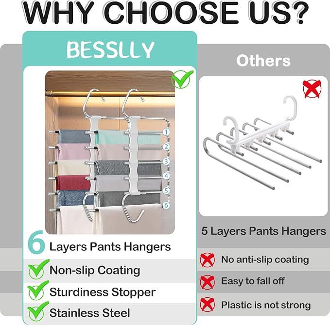 Upgrade 6 Layers Pants Hangers Space Saving, 2Pack Stainless Steel Multifunctional Rack Non Slip S-Type Clothes Jean Hanger C