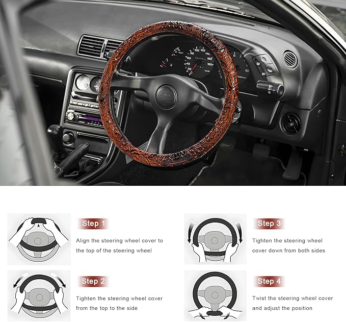 Sun Walker Leather Car Steering Wheel Cover, 15" Anti-Slip Crocodile Pattern Wheel Protector with Rose Grain, Comfortable Gri