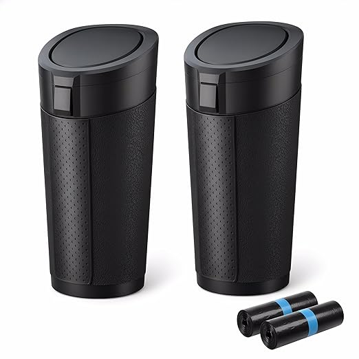 Car Trash Can Bin with Lid, 2 Packs,Mini Small Garbage Can Bin,Cup Holder Trash Can for Vehicle, Car's Door, Back Seat - Leakproof Portable Dustbin (Black)