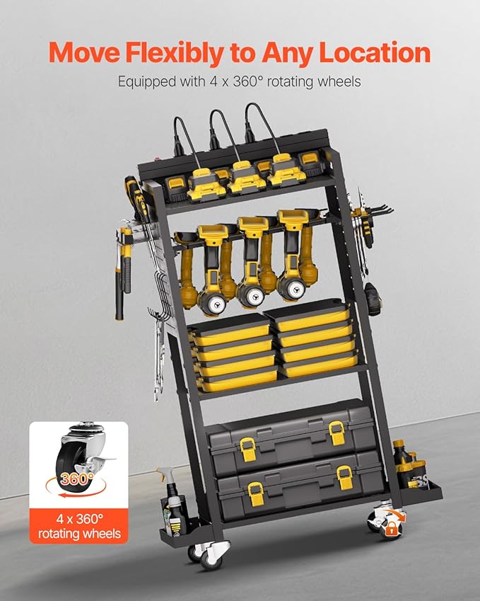 VEVOR 4-Tier Tool Organizer Cart with Charging Station, 8 AC Outlet, Floor Stand Rolling Drill Holder and Tool Battery Storag