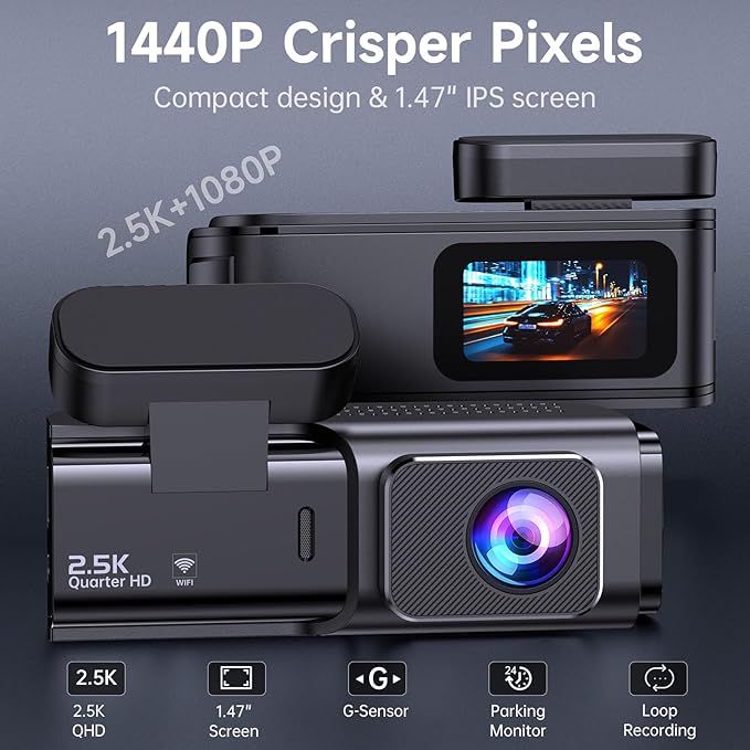 Dash Cam Front and Rear, 2.5K+1080P Dual Dash Camera for Cars, Ecomoment Car Camera with 1.47" IPS Screen, Built-in Wi-Fi, 17