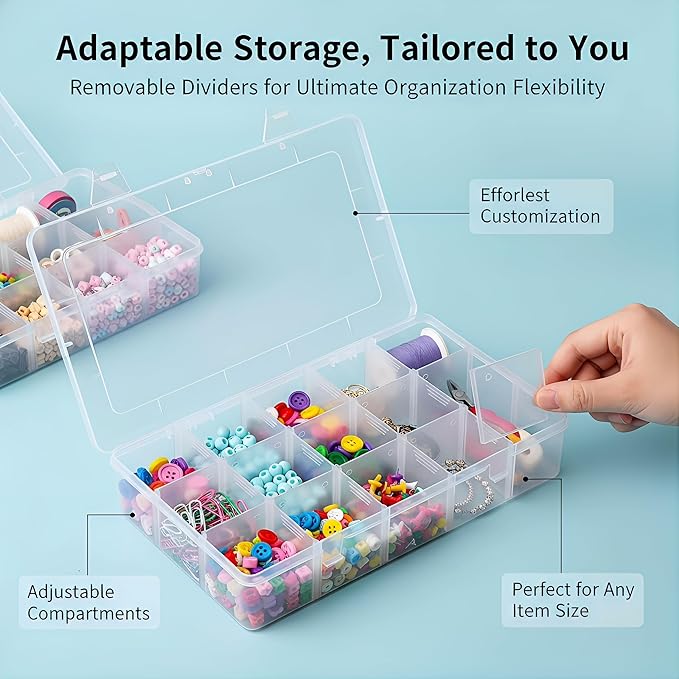 Umirokin 2 Pack 15 Grids Clear Plastic Organizer Box with Adjustable Dividers, Craft Storage Containers for Jewelry, Beads, S