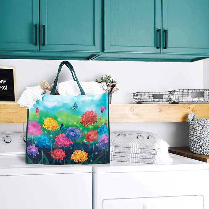 NymphFable 6 Pack Grocery Bags Reusable Butterflies colorful Flowers Shopping Bags Washable Foldable Tote Bag 50LBS