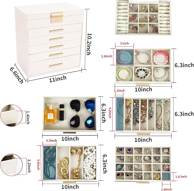 BOOVO Jewelry Boxes for Women, White and Black 6 Layer Large Jewelry Box for Necklace, Bracelet, Earrings, Rings Storage, Jew
