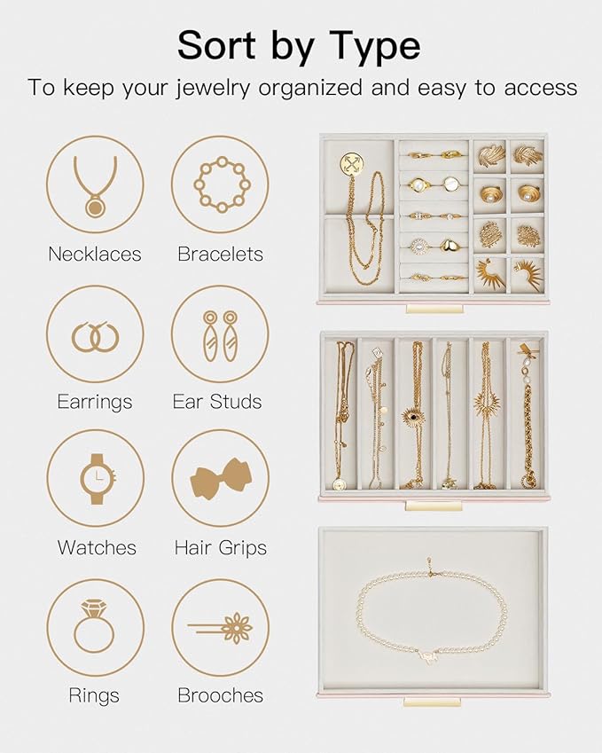 VLANDO Jewelry Box for Women, Glass Lid Jewelry Organizer with 3 Drawers for Necklaces Rings Earrings Bracelets Mother Day Gi