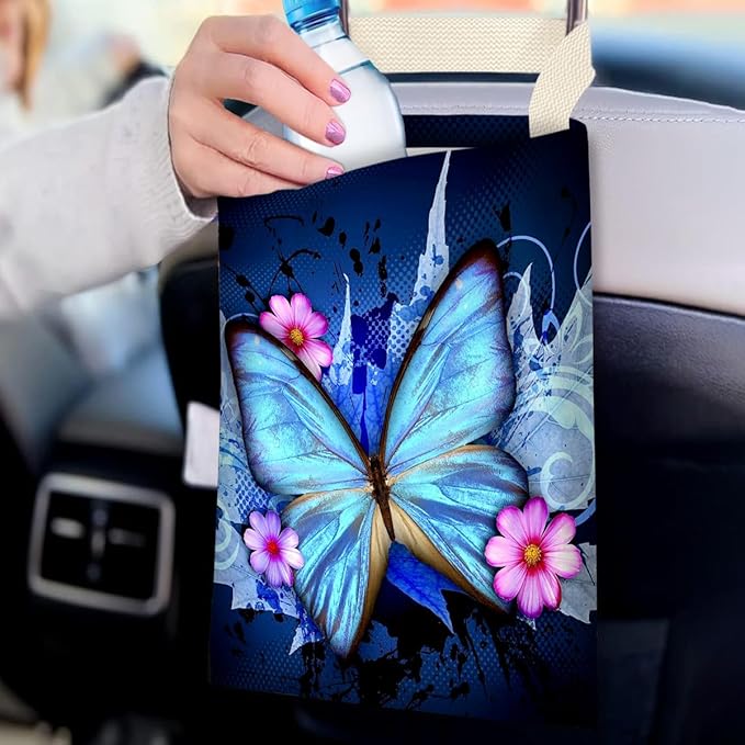 Car Trash Bag Hanging No Snap Small Garbage Bag for Car Back Seat Cute Printed One-handed Strap Trash Bags Car Accessories-Blue Butterfly Car Trash Bags