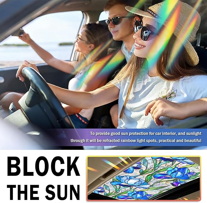 39.37×16.92 Inch Car Sunroof Stained Glass Window Film,Stylish Sunroof Sticker Static Cling Privacy Film Sun Protection,Stained Glass Sunroofs Films Car Interior Accessories