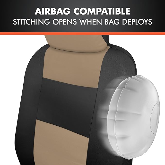 BDk Faux Leather Car Seat Cover Full Set - Front & Rear Split Bench Beige Seat Covers for SUV & Truck Seat Covers, Airbag Com