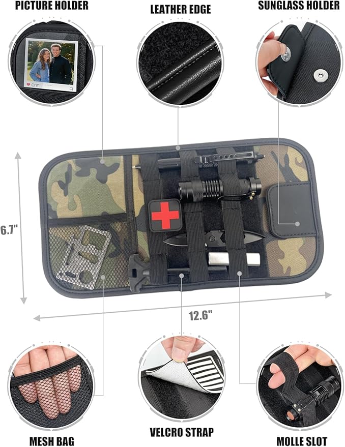 Molle Car Sun Visor Organizer - Tactical Storage Panel with 180° Zipper Pouch & Magnetic Glasses Clip & Photo Holder & Semi-Rigid Molle Panel for Military Gear (1, Camouflage)