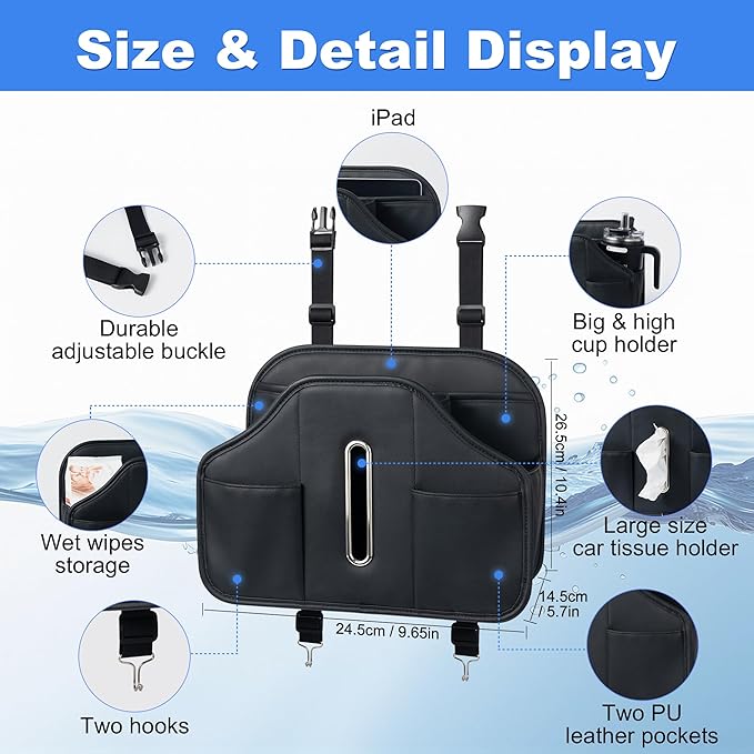 Upgraded Car Seat Back Organizer With Extra Large Tissue Holder Fits For Kleenex Tissue Box (50-230ct), PU Leather Headrest Seat Back Storage Accessories (Black-2 Packs)