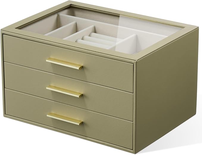 Jewelry Box Organizer Case for Women: 3-Layer Jewelry Storage Case with Glass Window, Olive Green Leather with Cream Velvet, 