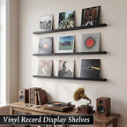 Pinkunn 3 Pcs 40 Inches Vinyl Wall Mount Record Display Shelf, Extra Long Wood Vinyl Record Holder, Album Display Holder Floa