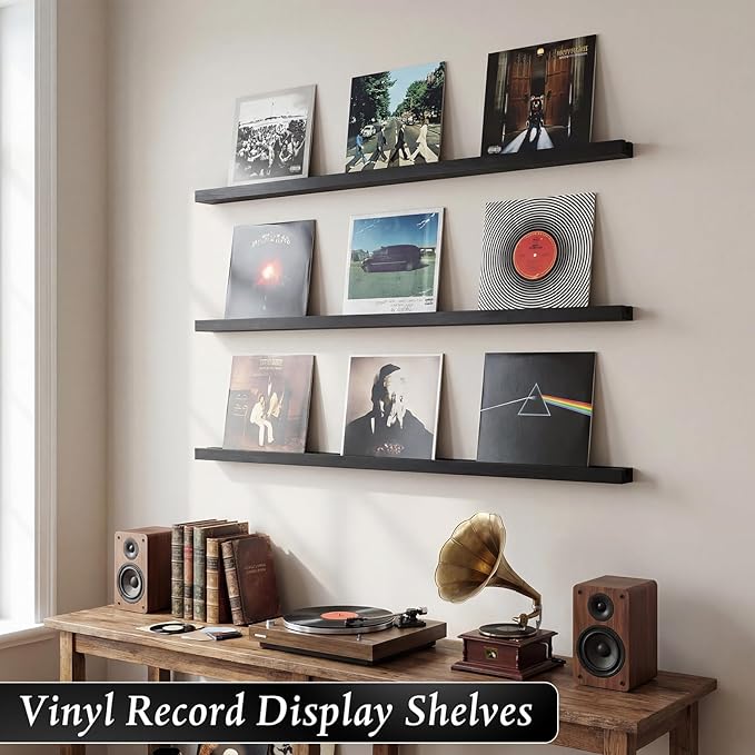 Pinkunn 3 Pcs 40 Inches Vinyl Wall Mount Record Display Shelf, Extra Long Wood Vinyl Record Holder, Album Display Holder Floa