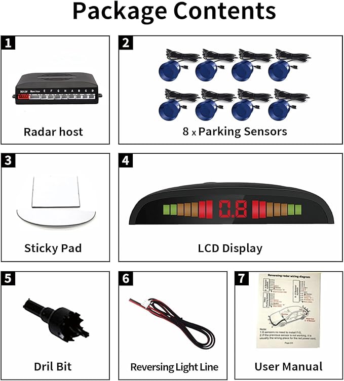 Car Reverse Parking Radar System with 8 Parking Sensors Distance Detection + LED Distance Display + Sound Warning (Blue Color)