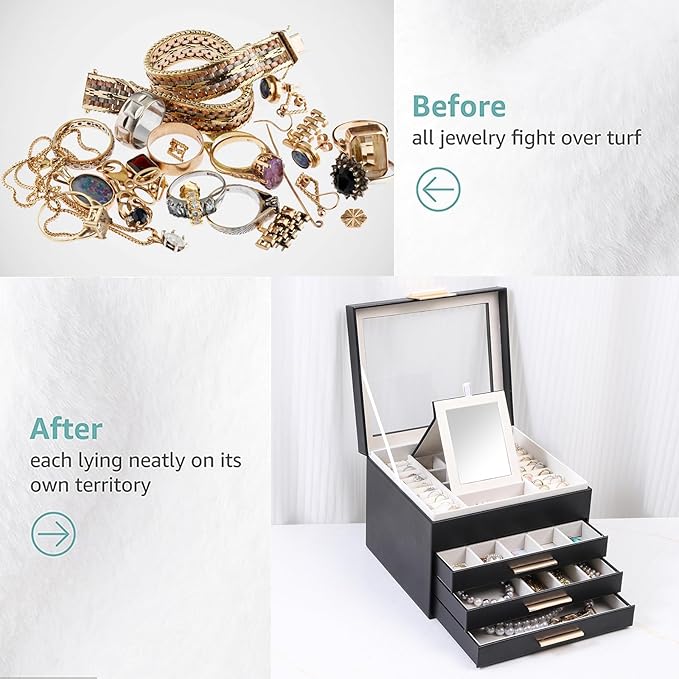 BOOVO Clear Lid Jewelry Box,4 Layers Jewelry Organizer Large Jewelry Storage Box with 3 Drawers,Jewelry Holder Organzier of R