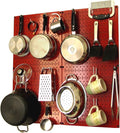 Wall Control Kitchen Pegboard Organizer Pots and Pans Storage Rack Organization Kit with Red Pegboard and White Accessories