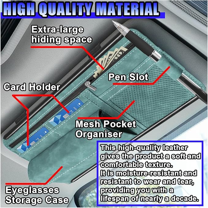 Car Sun Visor Organizer, Leather Multi-Pocket Glasses Card Holder with Zipper, Waterproof Scratch-Resistant Sunshade Storage Bag, Universal Auto Interior Accessory for Car/Truck/SUV (Blue)