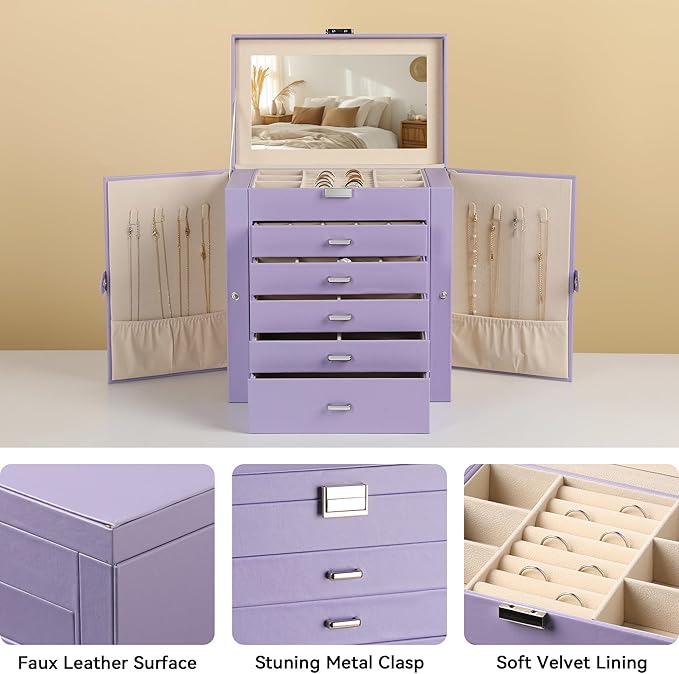 Frebeauty Large Jewelry Box,6-Tier PU Leather Jewelry Organizer,Multi-functional Storage Case with Mirror,Accessories Holder 