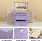 Frebeauty Large Jewelry Box,6-Tier PU Leather Jewelry Organizer,Multi-functional Storage Case with Mirror,Accessories Holder 