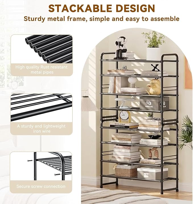 4 Tier Shoe Rack, 32.5" Wide Stackable Sturdy Metal Shoe Shelf Storage Organizer with Height-Adjustable for Entryway, Closet,