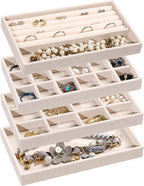 Frebeauty Jewelry Organizer Tray,Stackable Velvet Jewelry Trays,Drawer Inserts Earring Organizer For Women Jewelry Storage Di